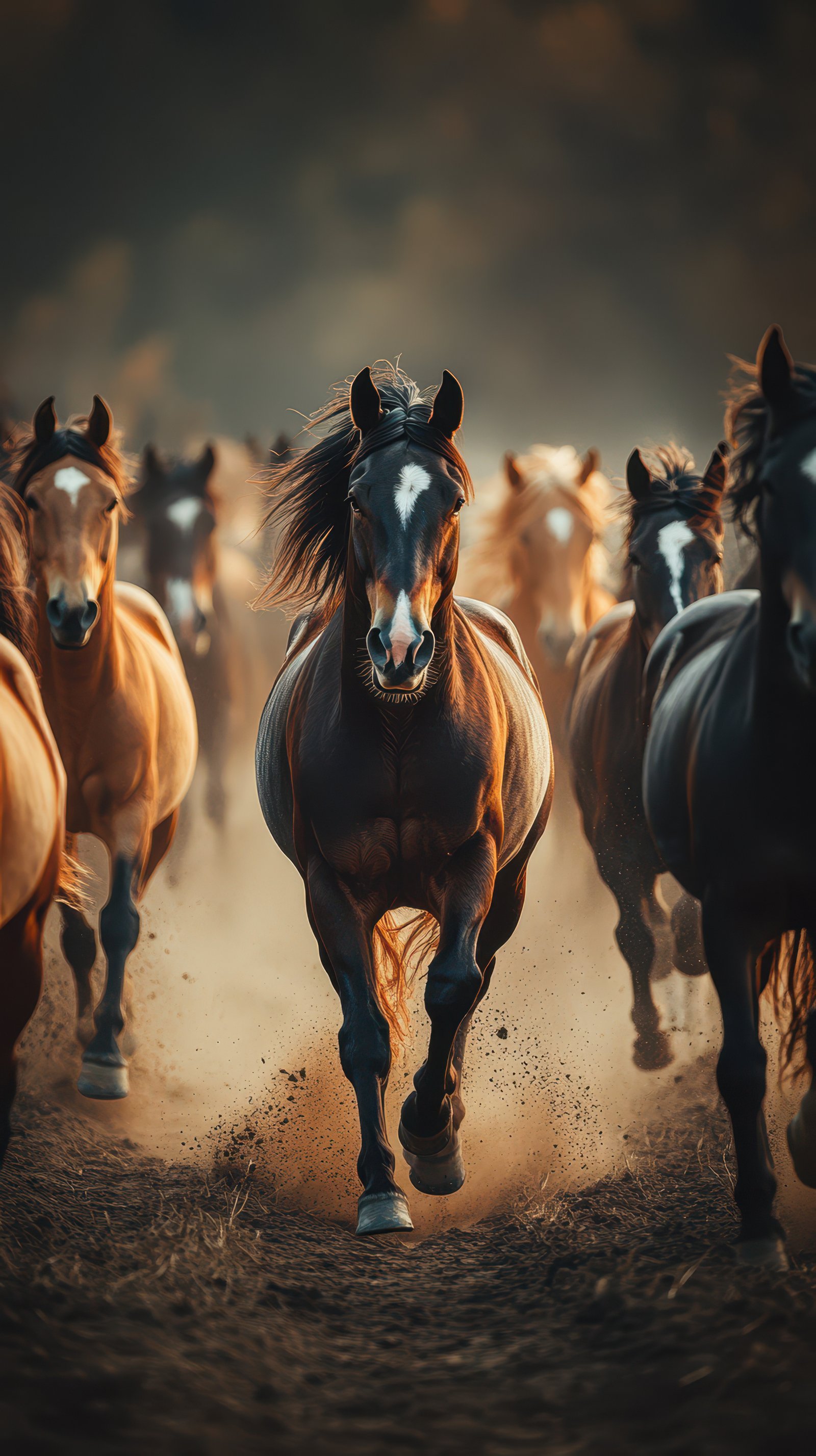 Herd of horses galloping through dust at sunset in a countryside setting